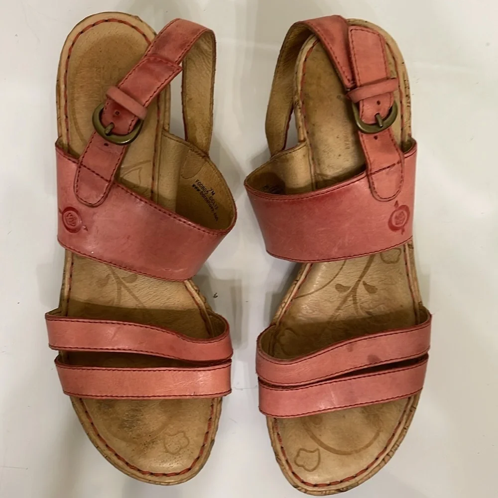 Born‎ Amabel Salmon Pink Leather Wedge Sandals Heel Summer Womens Size 7